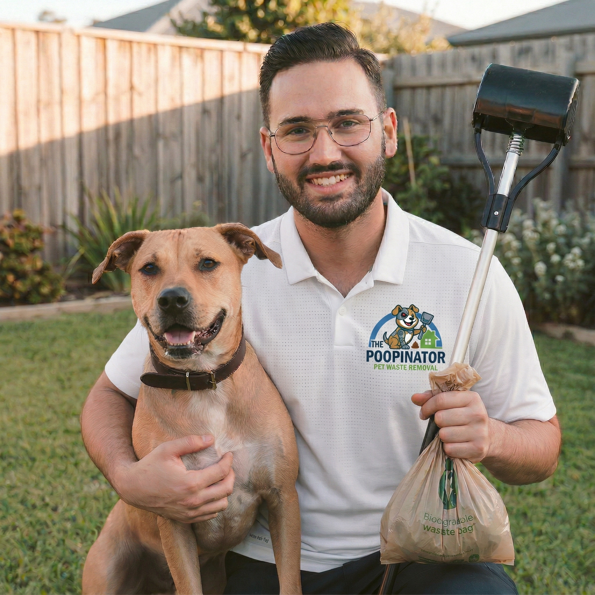 Employee Scooping Poop With Dog