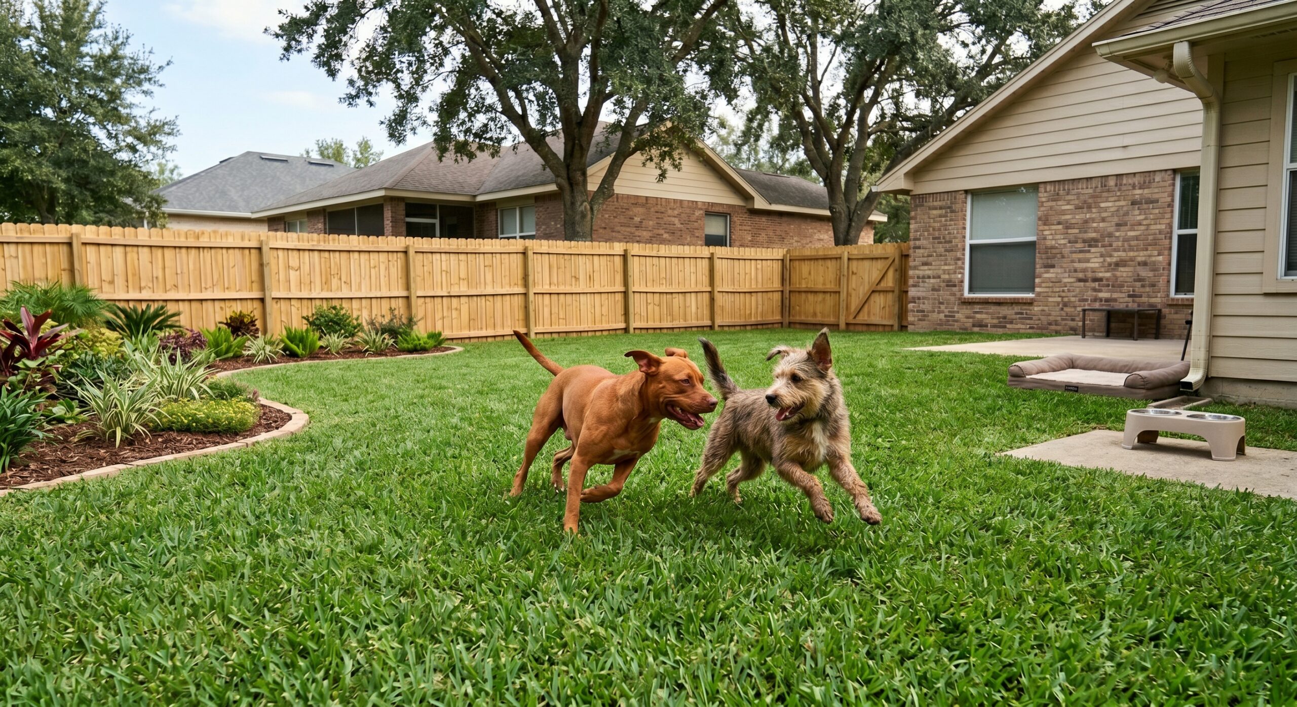 Two Dogs Playing in Yard