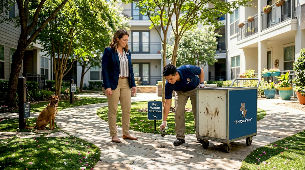 Property manager oversees pet waste removal outdoors