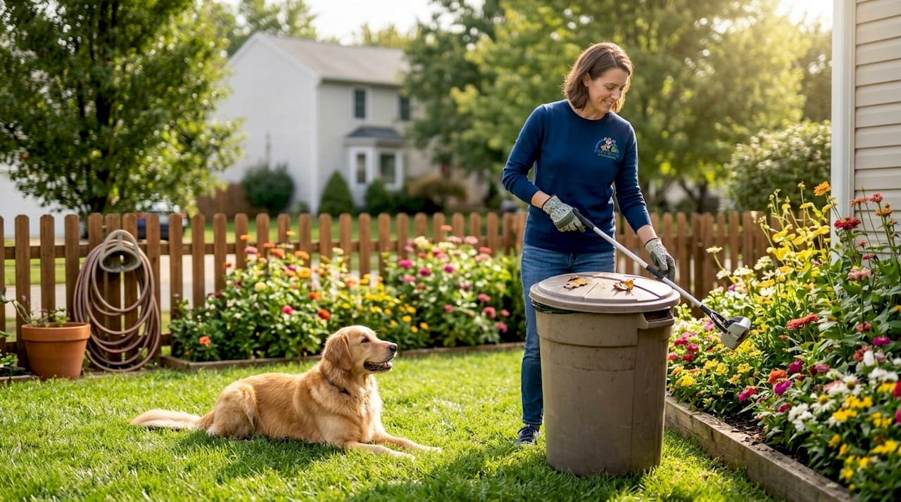 Dog owner scooping waste beside backyard bin