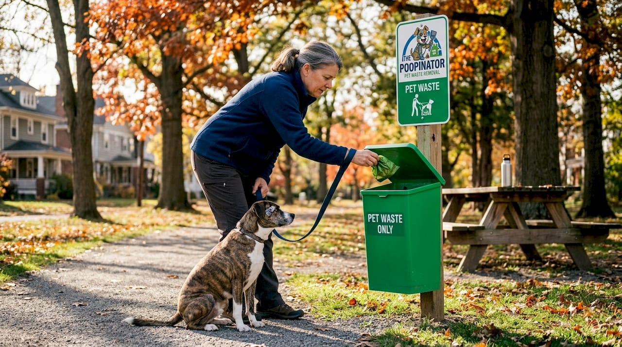 Woman disposing dog waste bag in park bin
