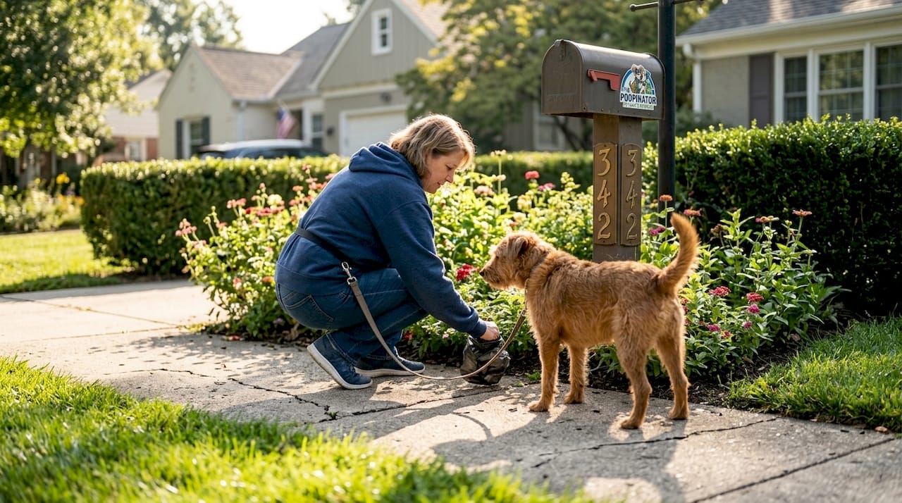 Dog owner picking up waste on sidewalk