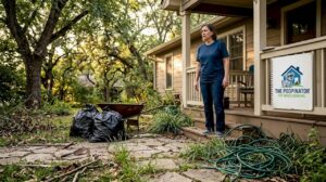 Homeowner viewing overgrown, cluttered yard