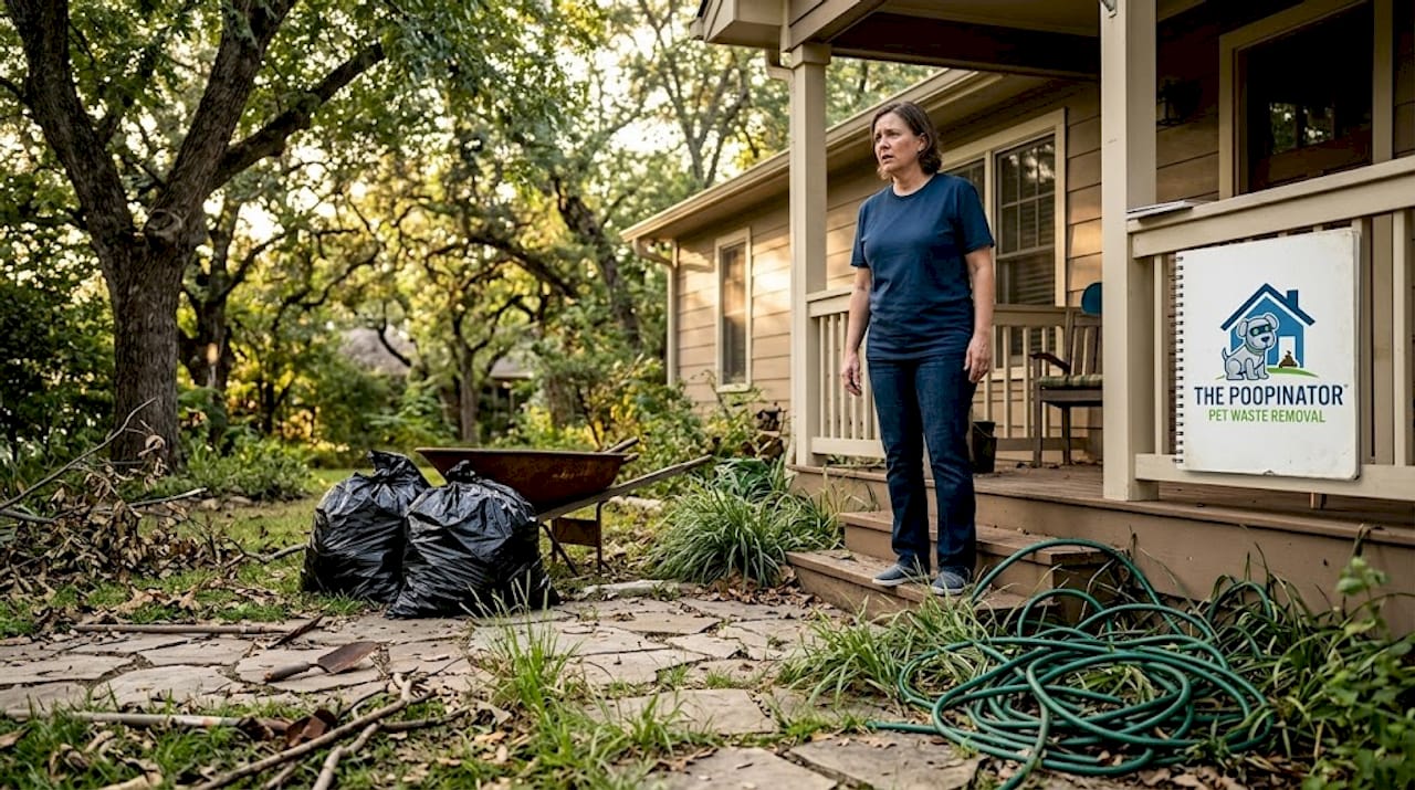 Homeowner viewing overgrown, cluttered yard