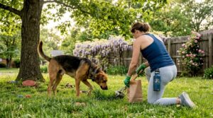 Owner cleaning yard with large dog present