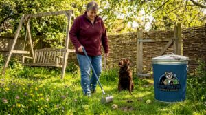 Dog owner cleaning backyard with scooper