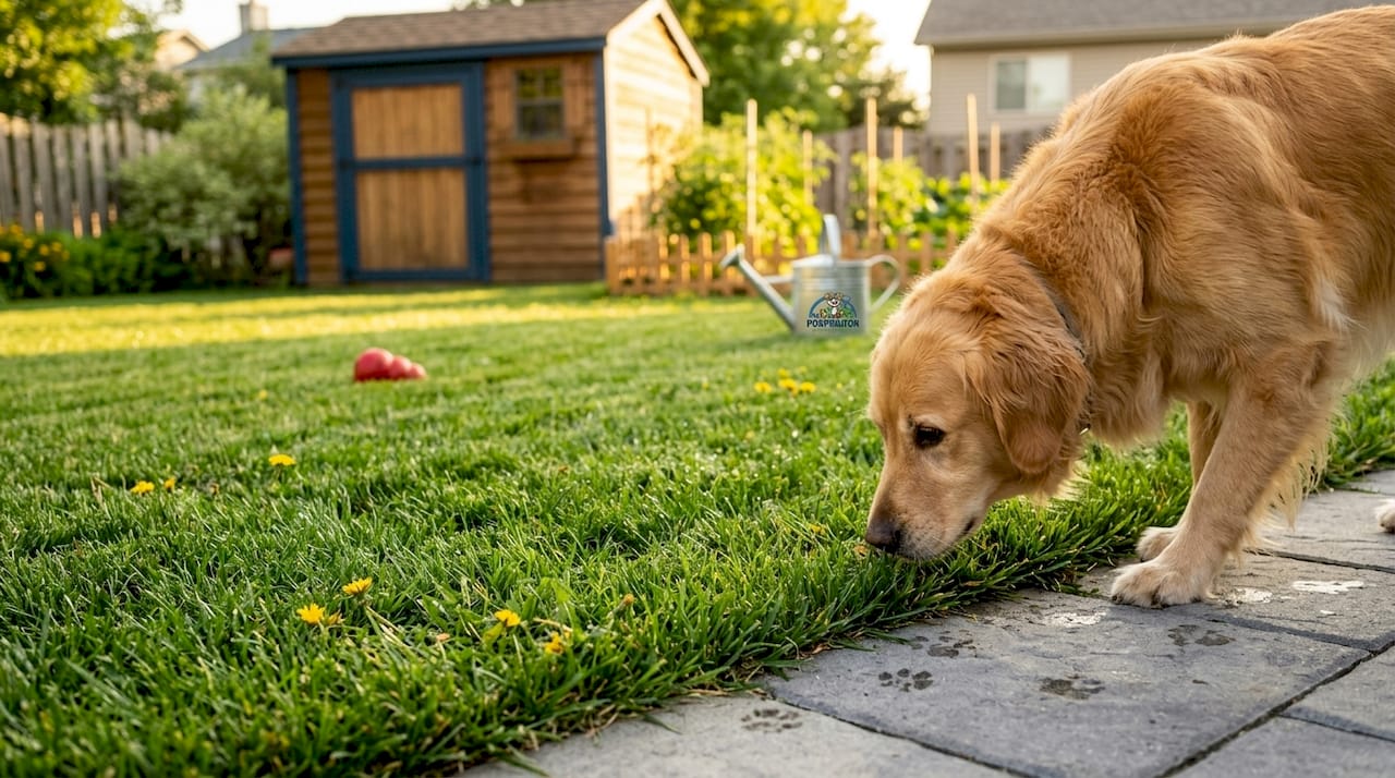 Dog sniffing tidy lawn in sunlight