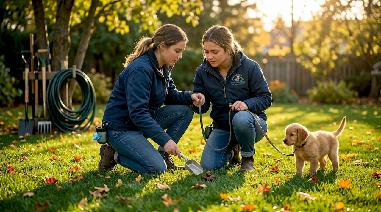 Woman cleaning up puppy waste in backyard