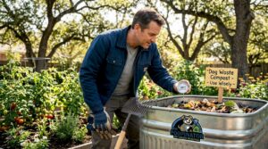 Person checking dog poop compost pile temperature