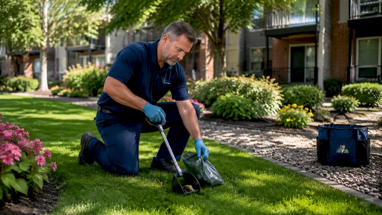 Technician scooping dog waste in yard