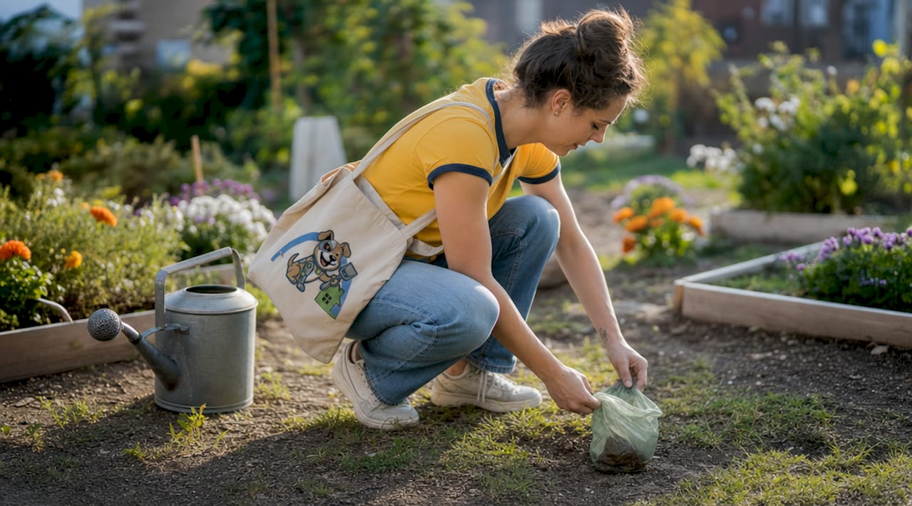 Woman cleaning pet waste in backyard