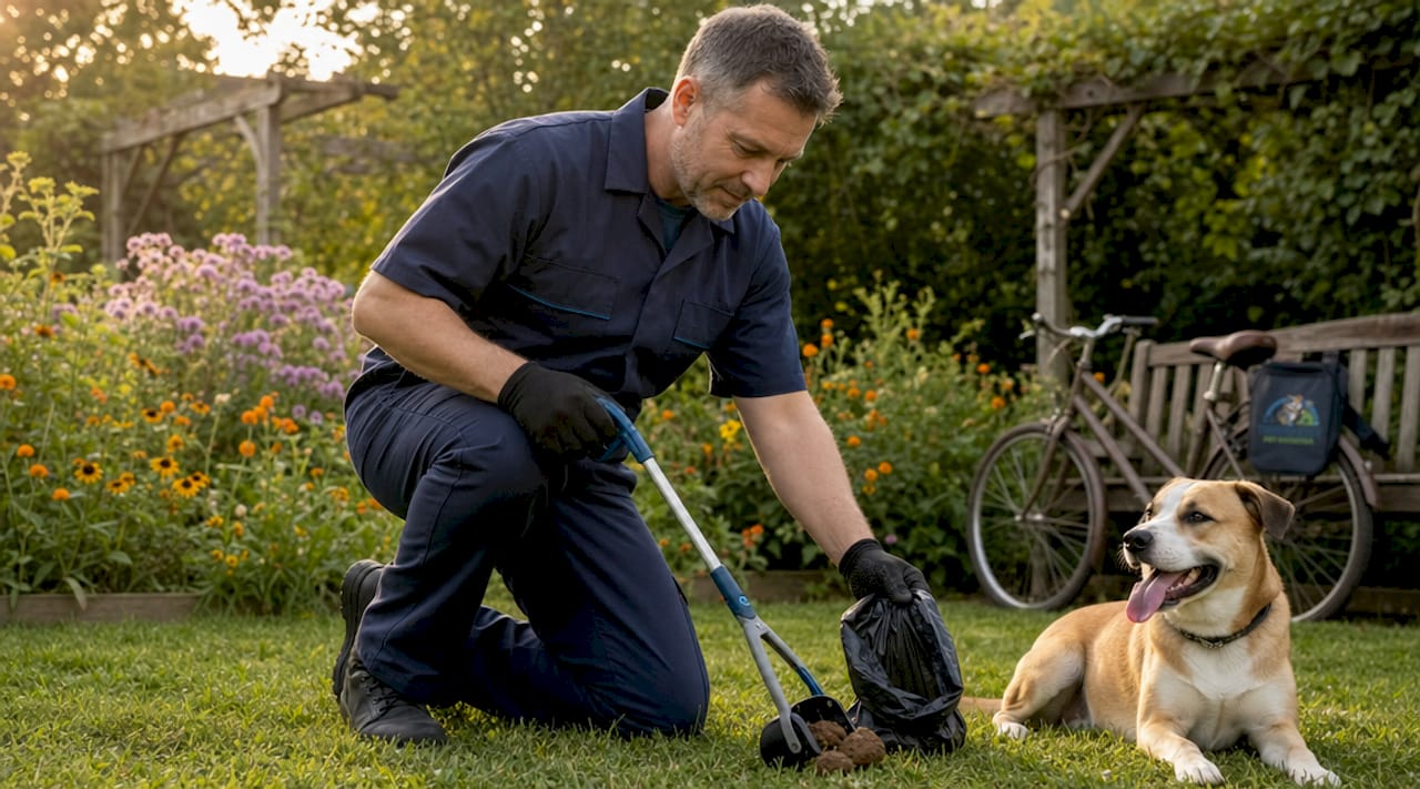 Uniformed worker scooping dog waste in yard