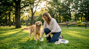 Dog owner picking up pet waste in backyard