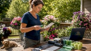 Woman examining different dog waste bag types outdoors