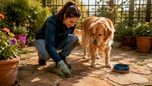Woman cleaning dog waste in backyard