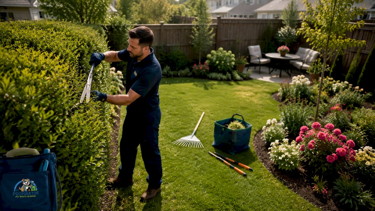 Groundskeeper trimming bushes in a backyard