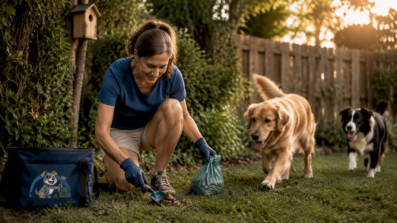 Woman cleaning yard with multiple dogs