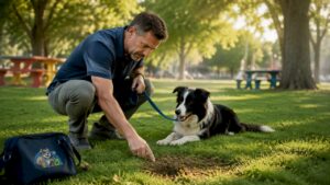 Dog owner examining damaged lawn patch outdoors