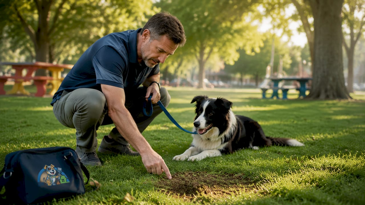 Dog owner examining damaged lawn patch outdoors