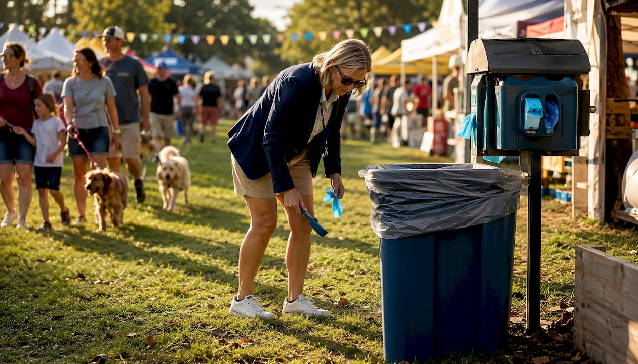Event organizer inspecting pet waste station outdoors