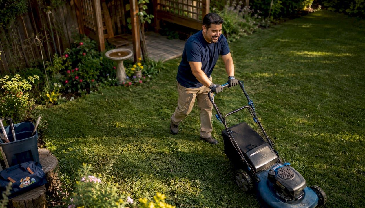 Man mowing suburban yard in morning light