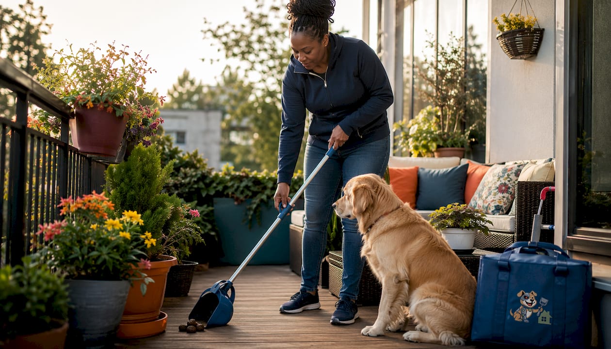 Woman scooping dog waste in backyard