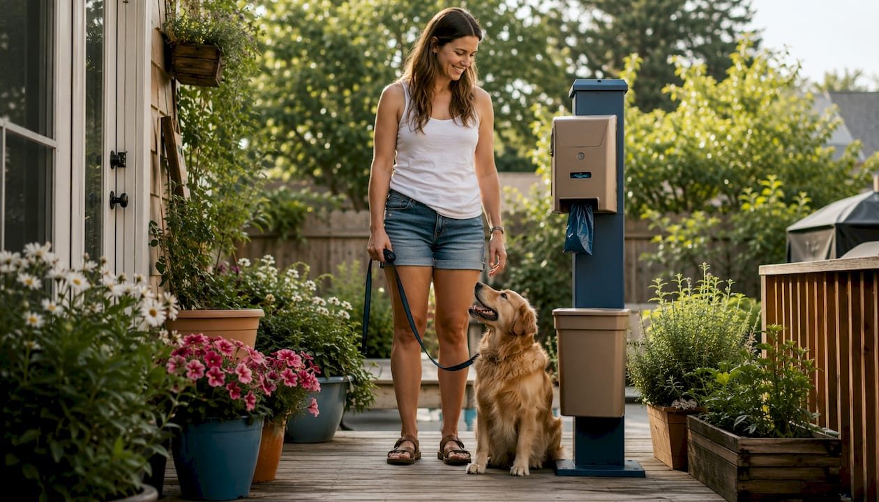 Homeowner beside dog waste station with dog