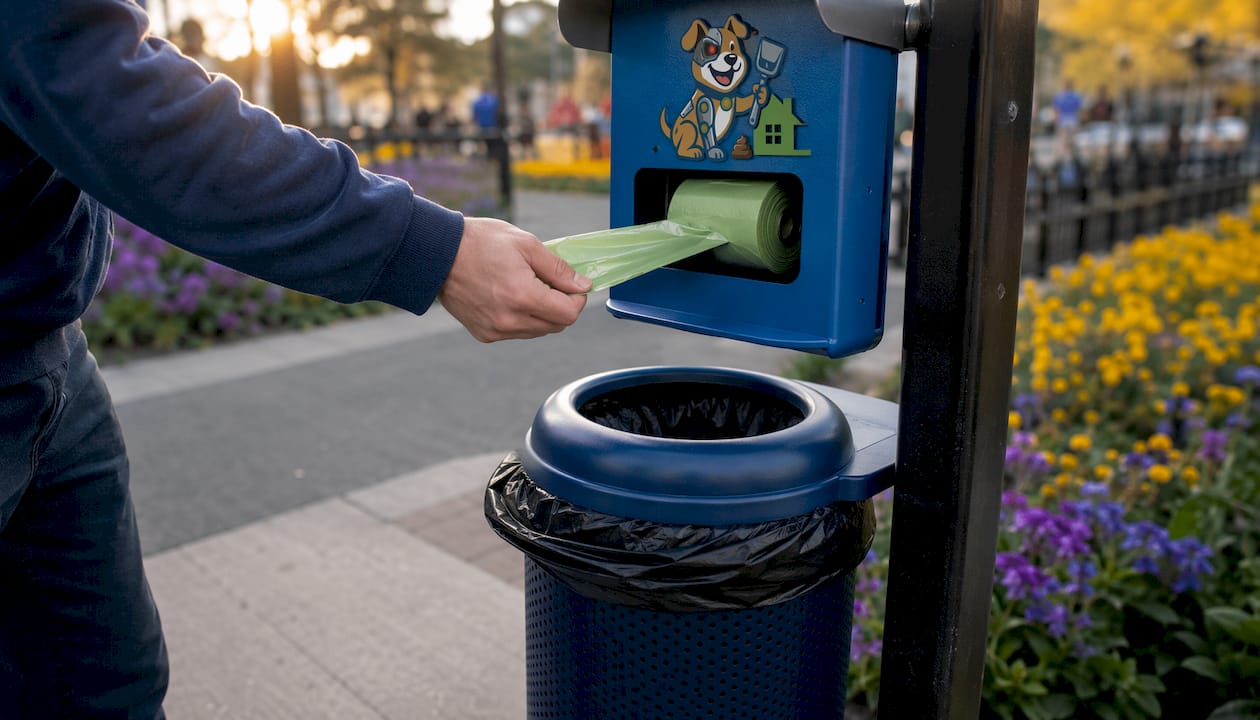 Close-up of hand removing dog waste bags from station