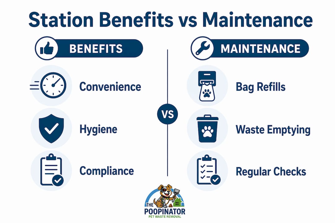 Infographic comparing dog waste station benefits and maintenance