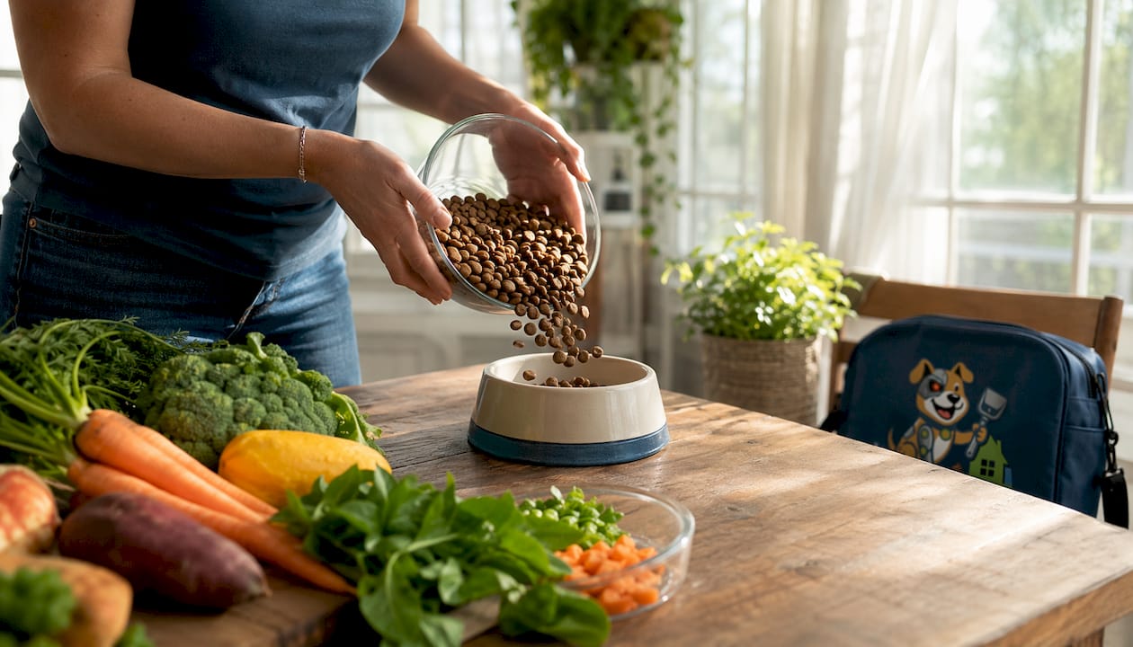 Hands filling dog bowl with premium food in kitchen