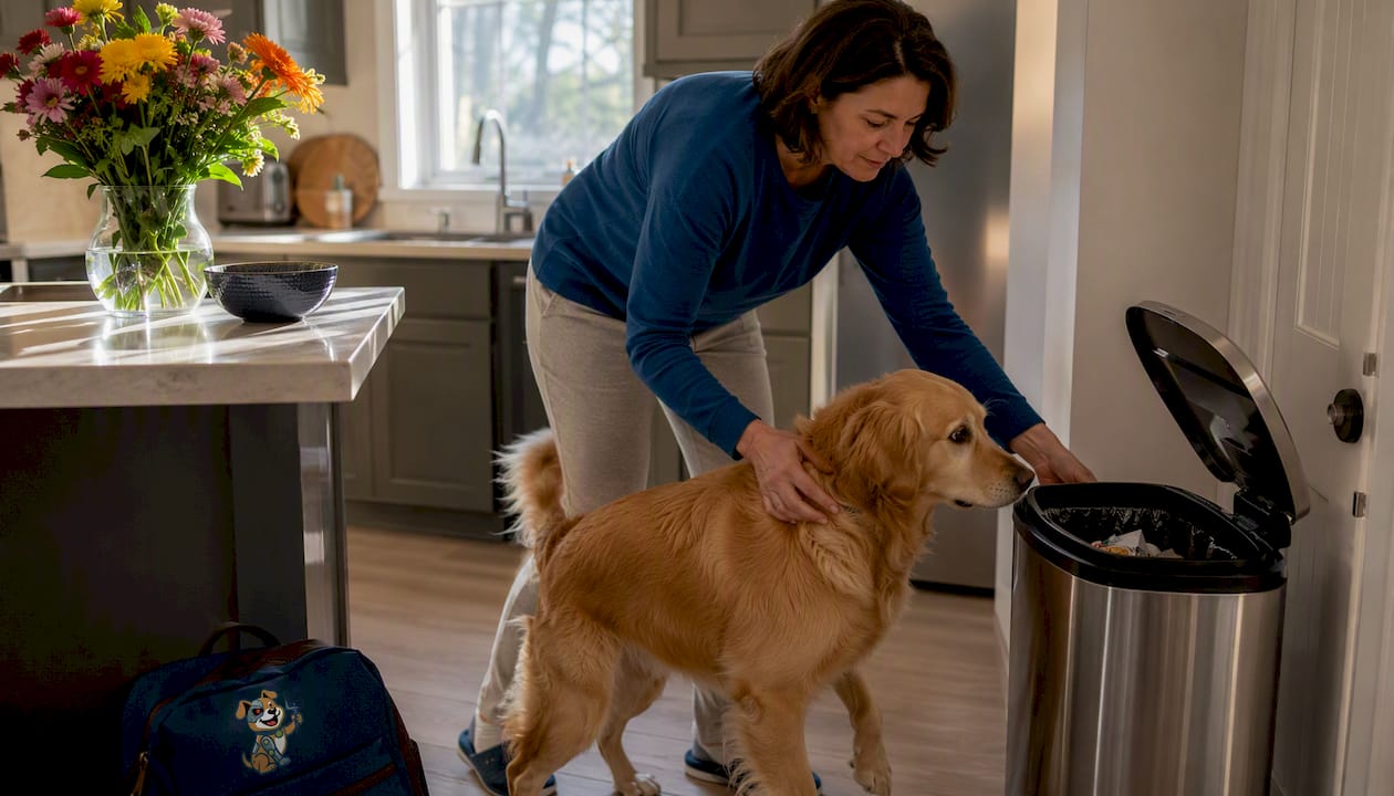 Owner removing dog from kitchen trash