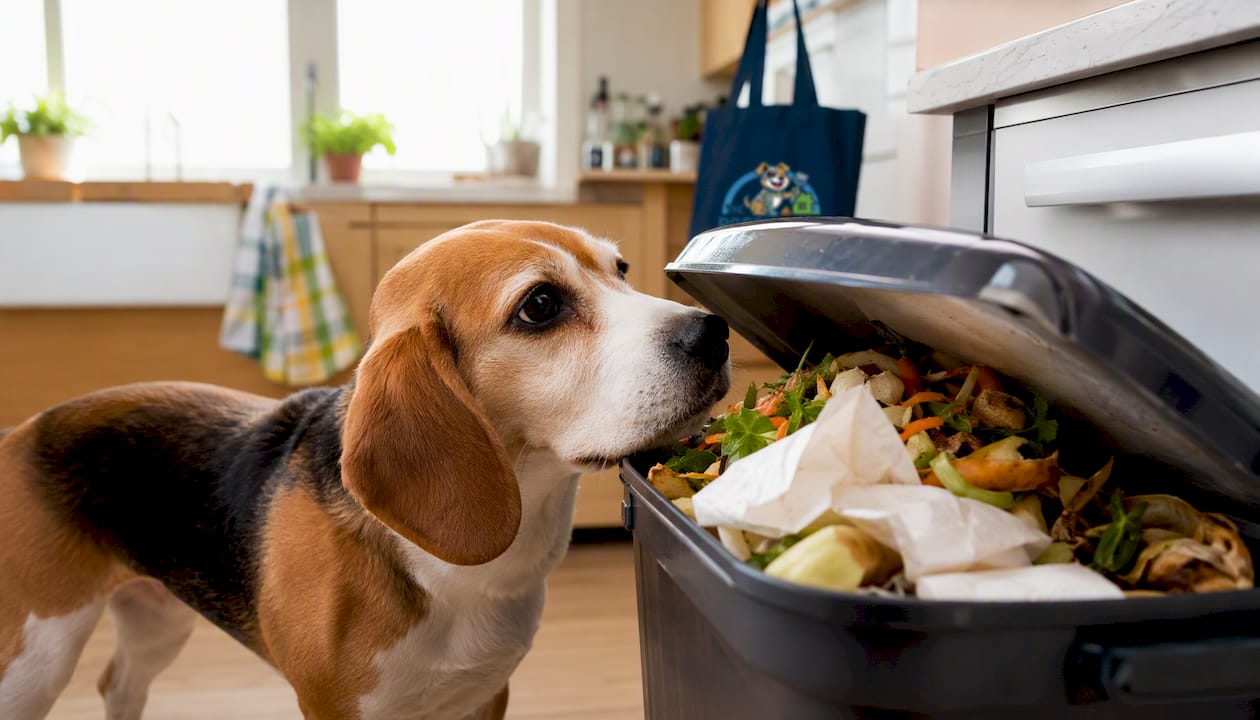 Beagle sniffing bathroom trash can