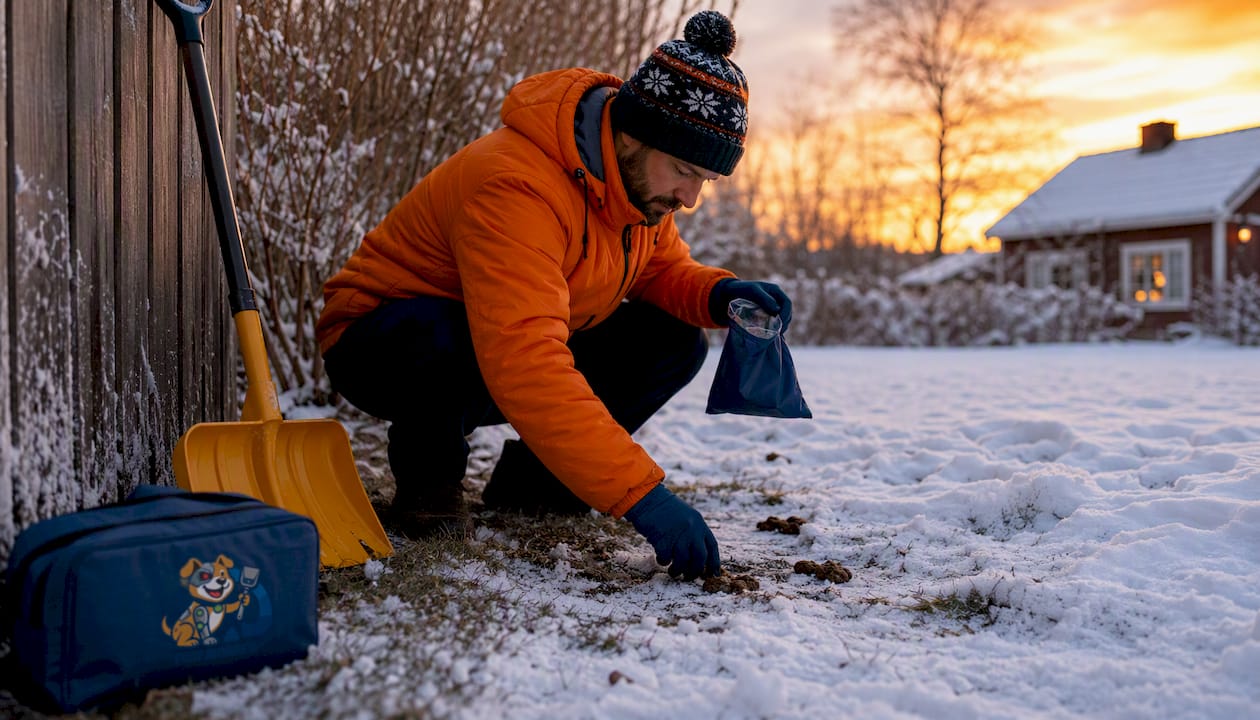 Technician removing frozen dog waste outdoors