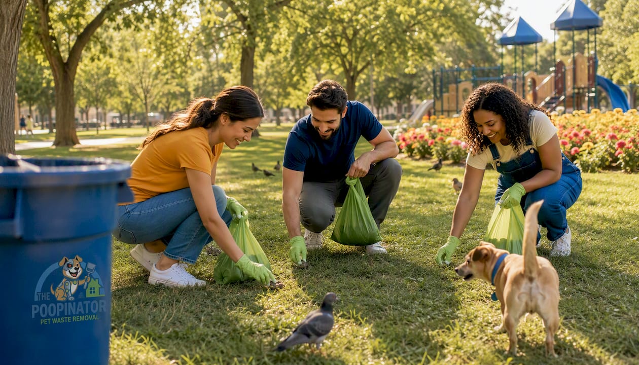 Hands sealing dog waste bag in garden