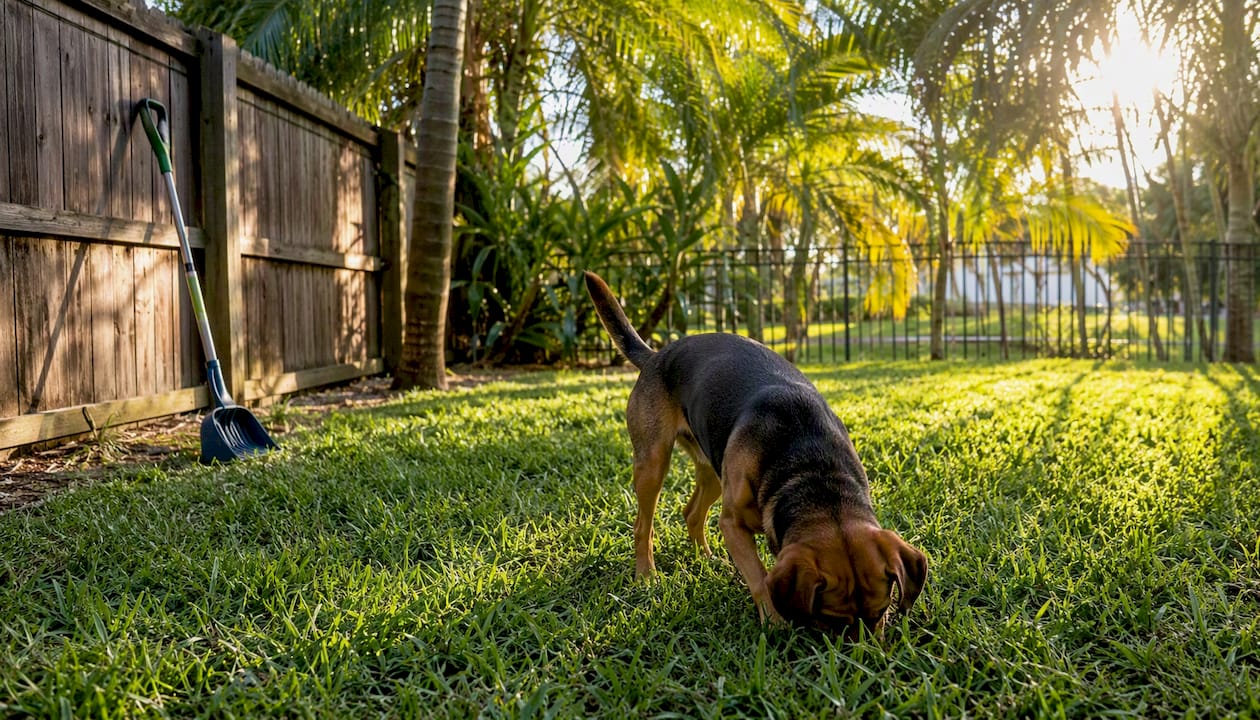 Dog enjoying clean sunny backyard