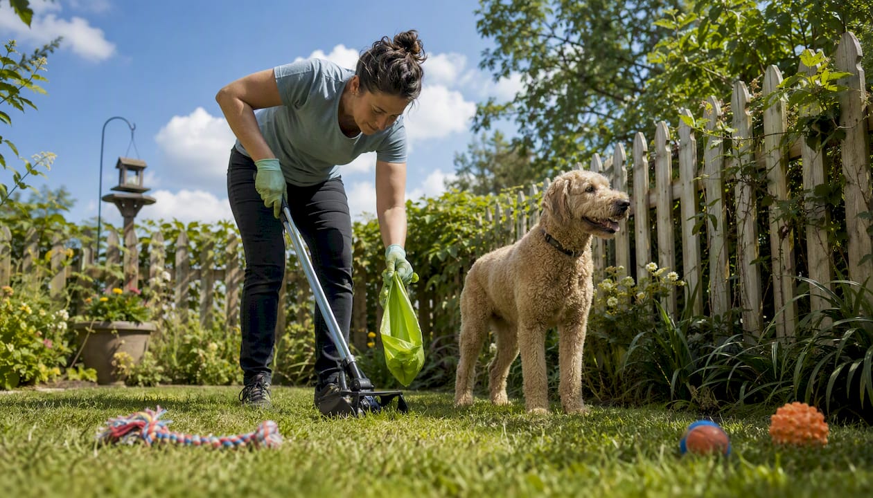 Person scooping dog waste in Indianapolis yard