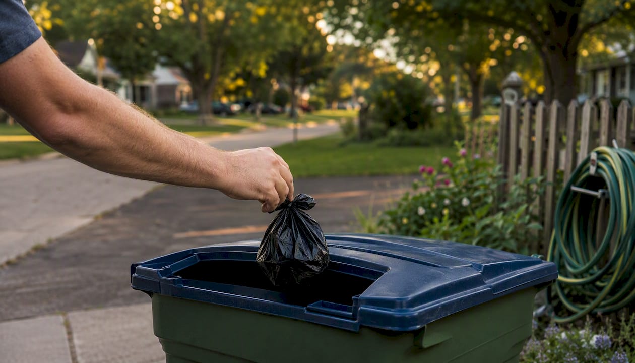Placing tied dog waste bag in neighbor's trash bin