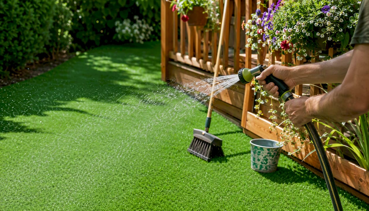 Rinsing artificial turf with water hose nozzle