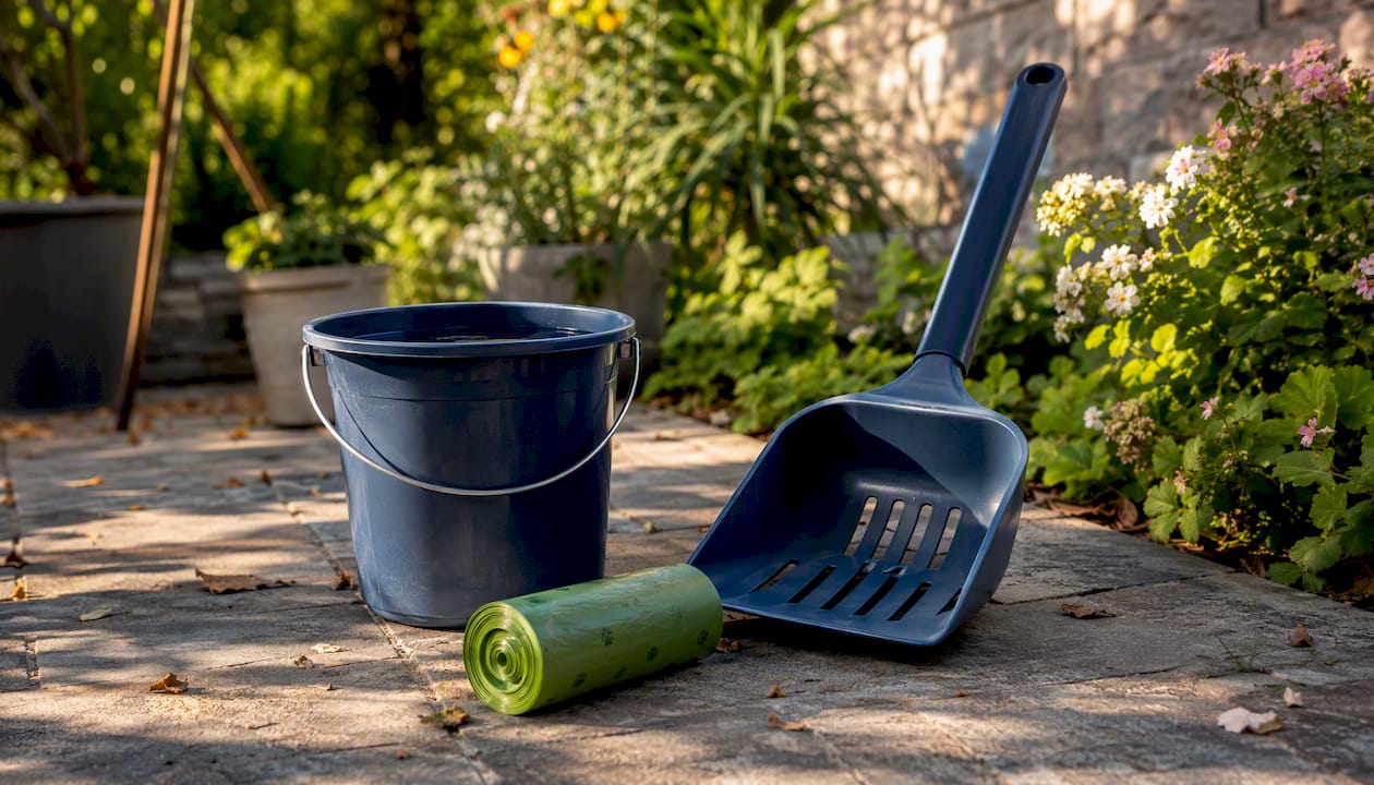 Pet waste removal tools on backyard lawn
