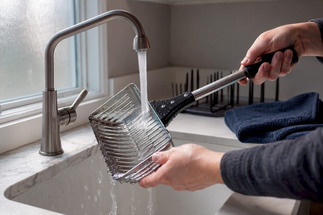 Hands rinsing a pet waste scooper