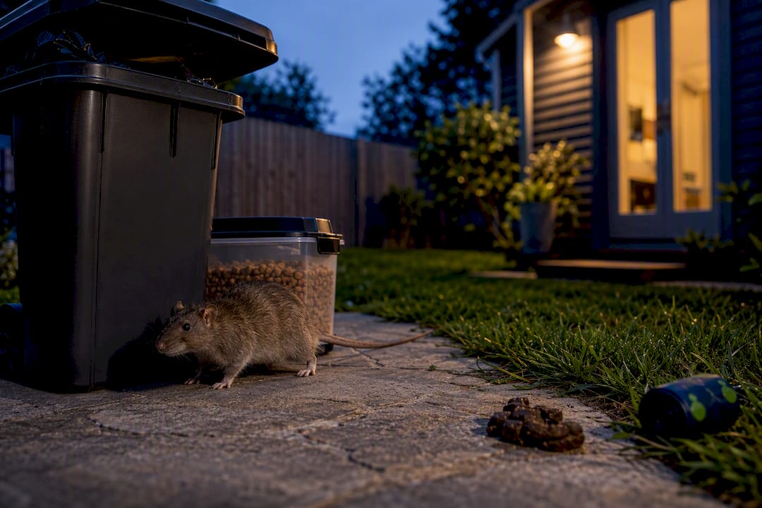 Rat near garbage and pet food in backyard
