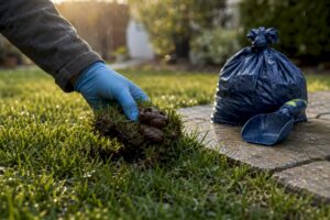Lifting softened dog waste from wet grass