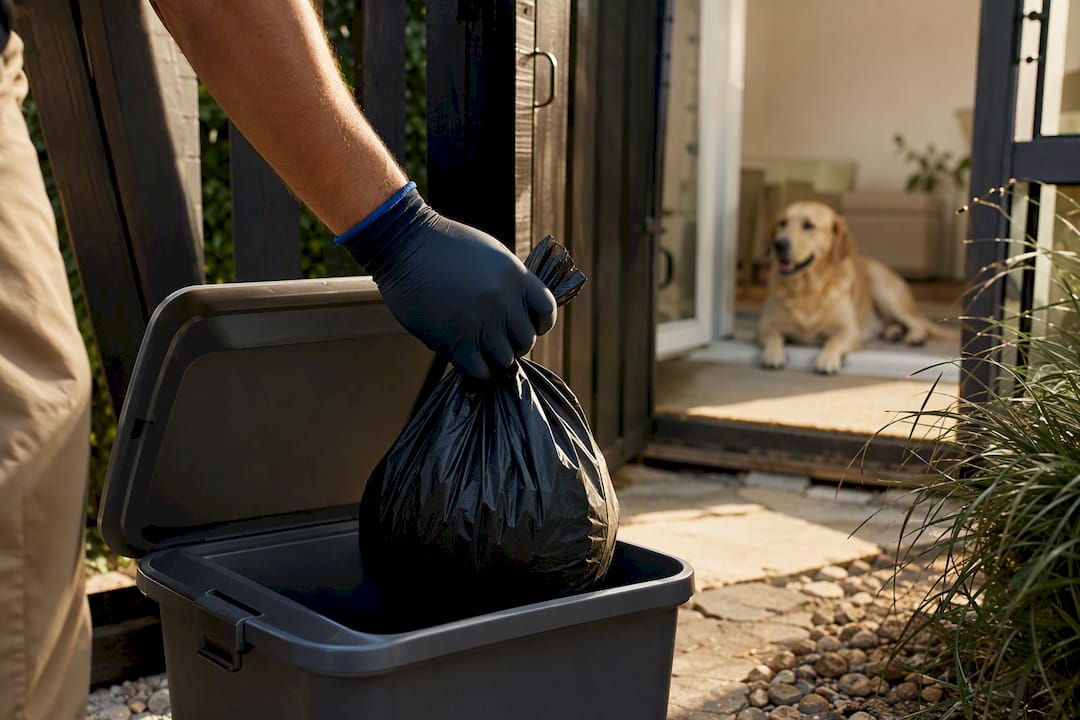 Technician securely bagging dog waste near backyard