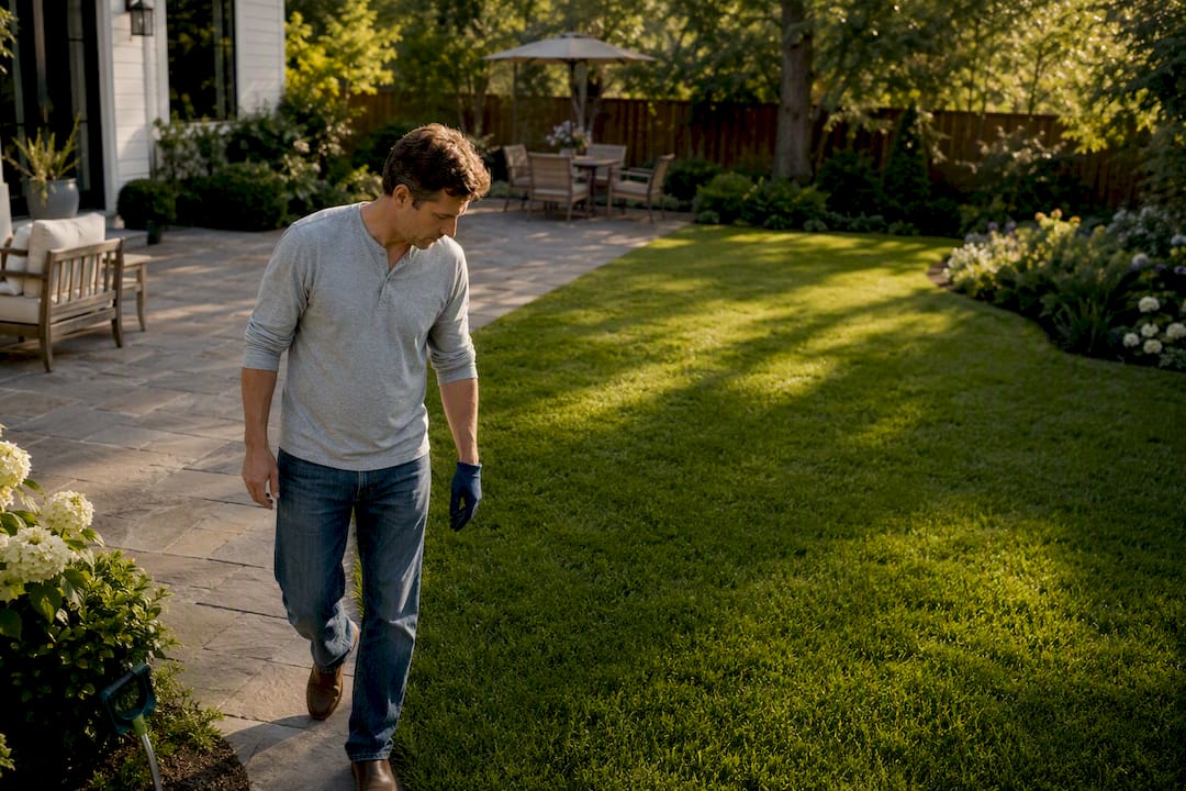 Homeowner inspecting a clean yard before showing
