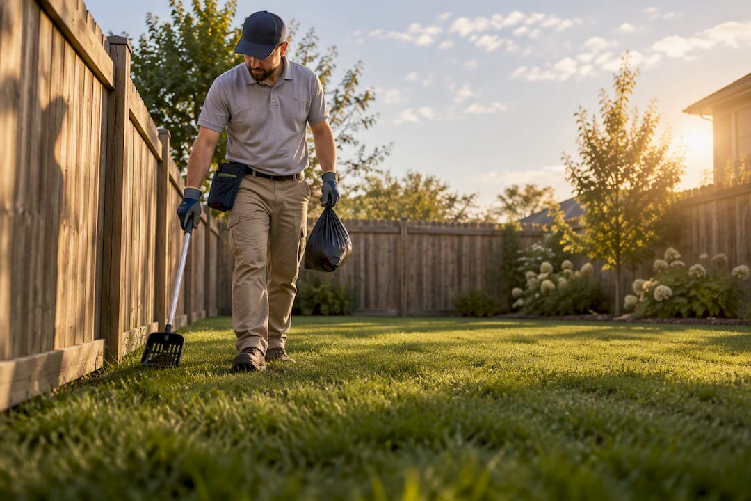 Technician checking a clean backyard lawn