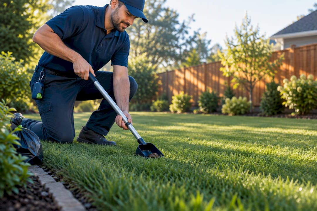 Technician cleaning dog waste from a backyard