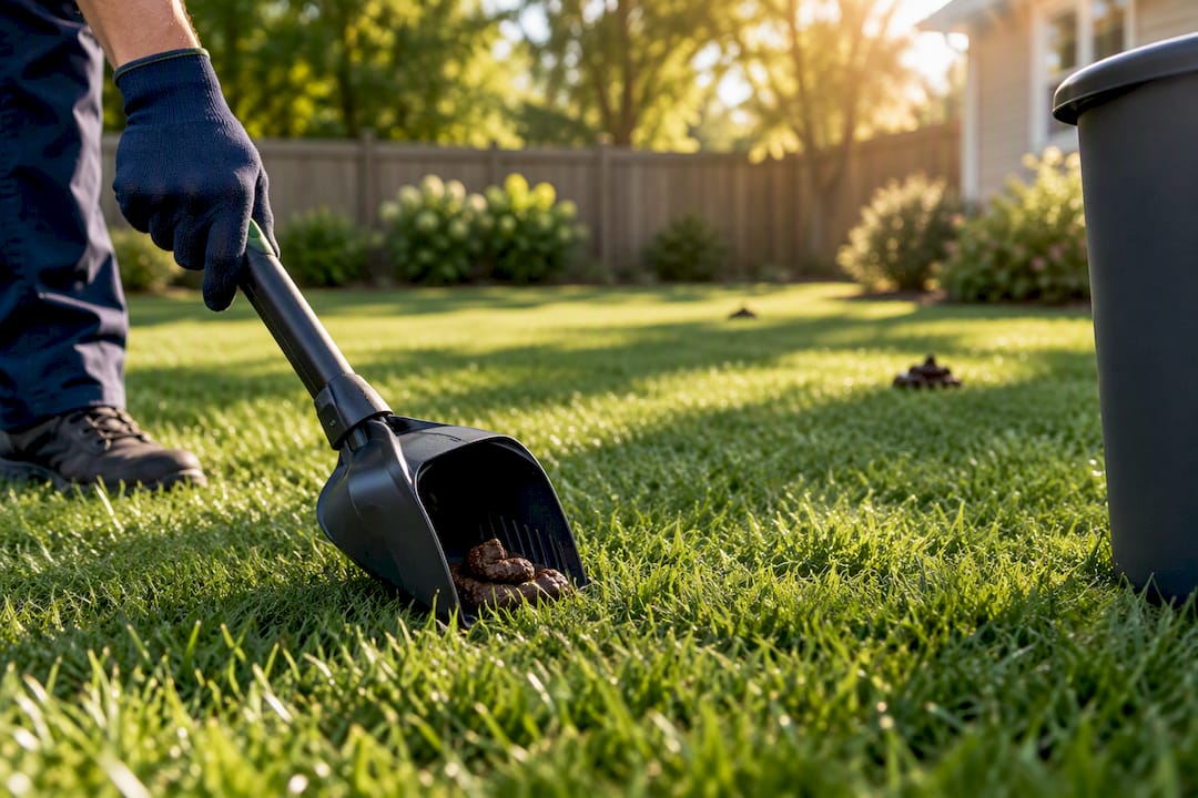 Worker removing pet waste from rental yard