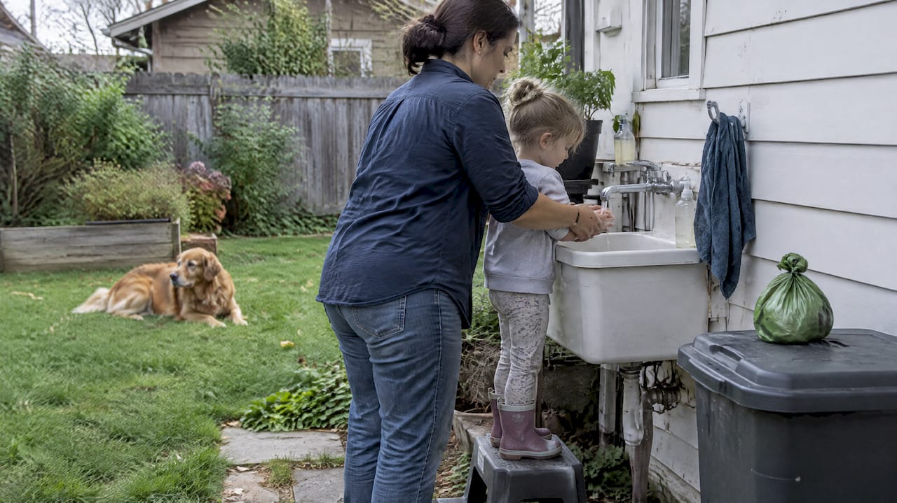 Parent guiding child handwashing after yard cleanup