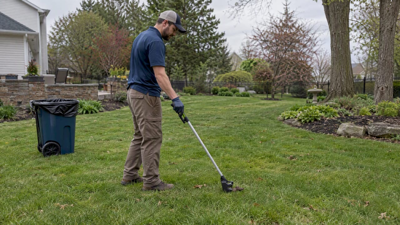 Technician cleaning a large lawn without bending