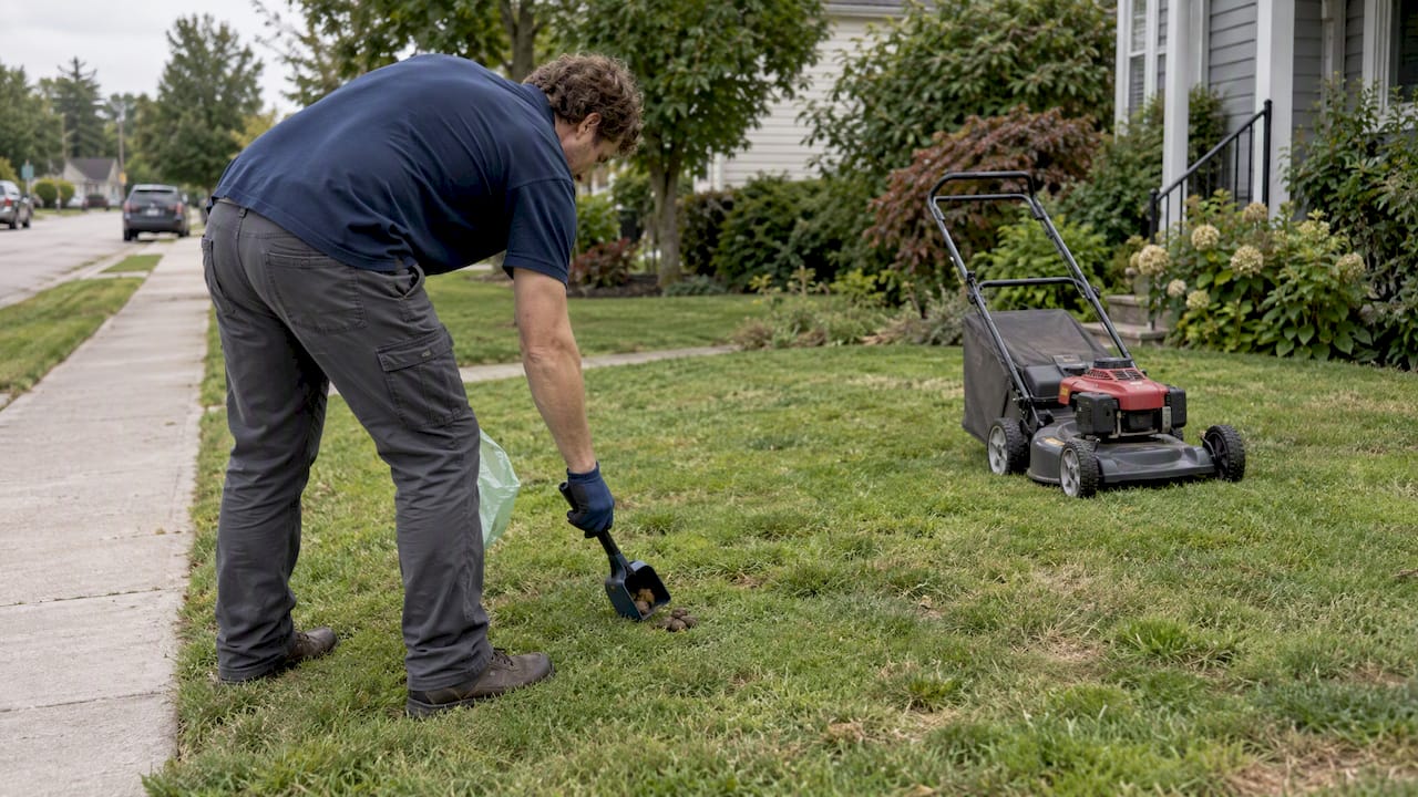 Homeowner scooping waste before mowing
